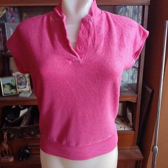 Medium Vintage 70's Pink Terrycloth Disco Top Rayon Button-Up Collar - Picture 2 of 8